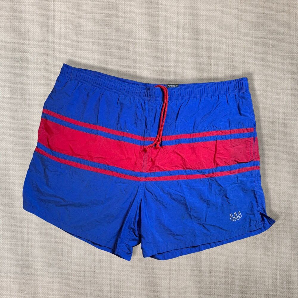 Vintage 90s USA Olympic Swim Trunks Men M Blue Red Lined Shorts 4” Inseam